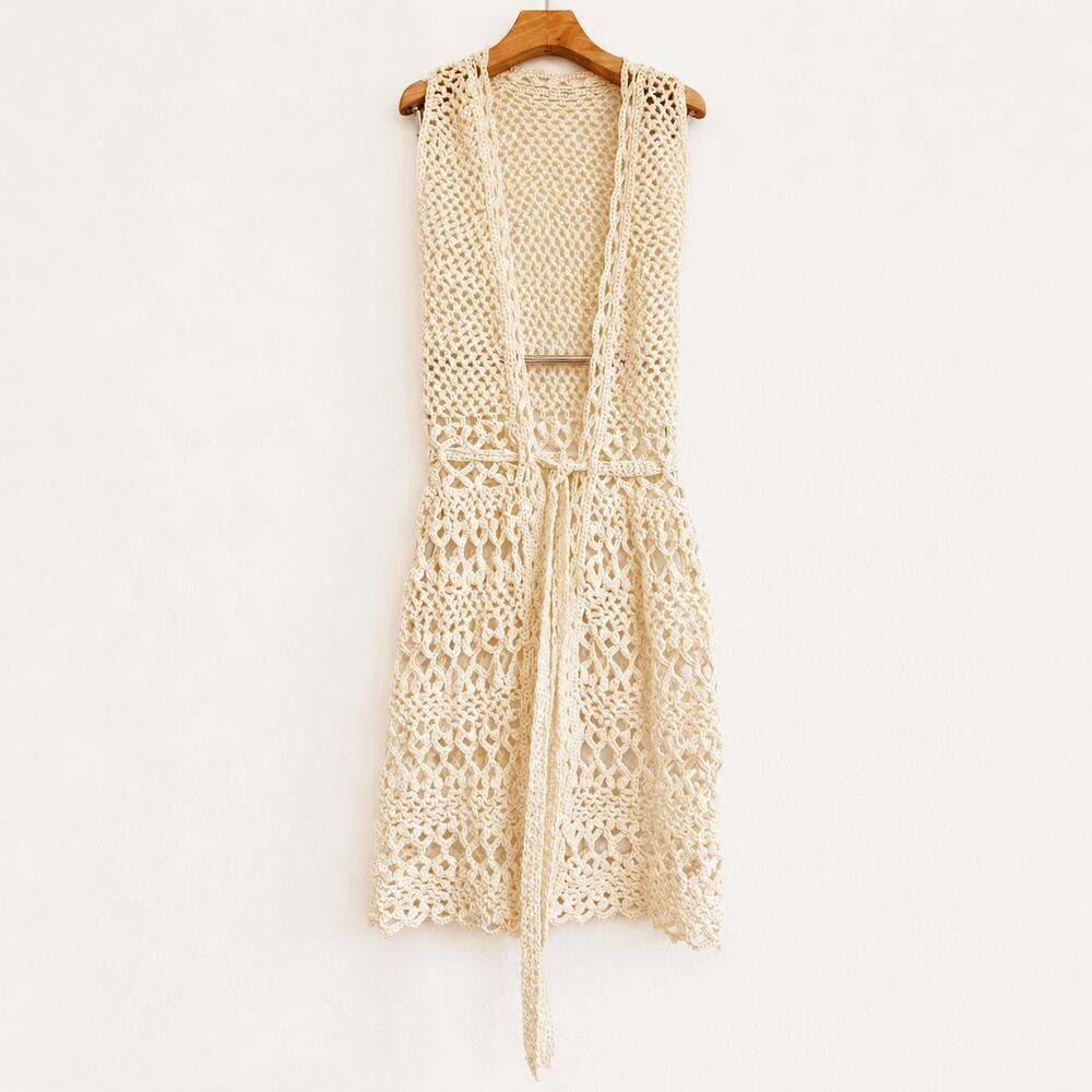 Handmade Crochet Sleeveless Cardigan Vest Ivory Tie Waist – One Size Boho Layer